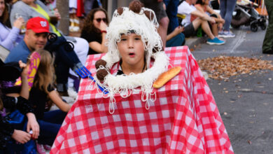 kid poking head up through checkered table cloth and costume looks like spaghettis and meatballs on a table