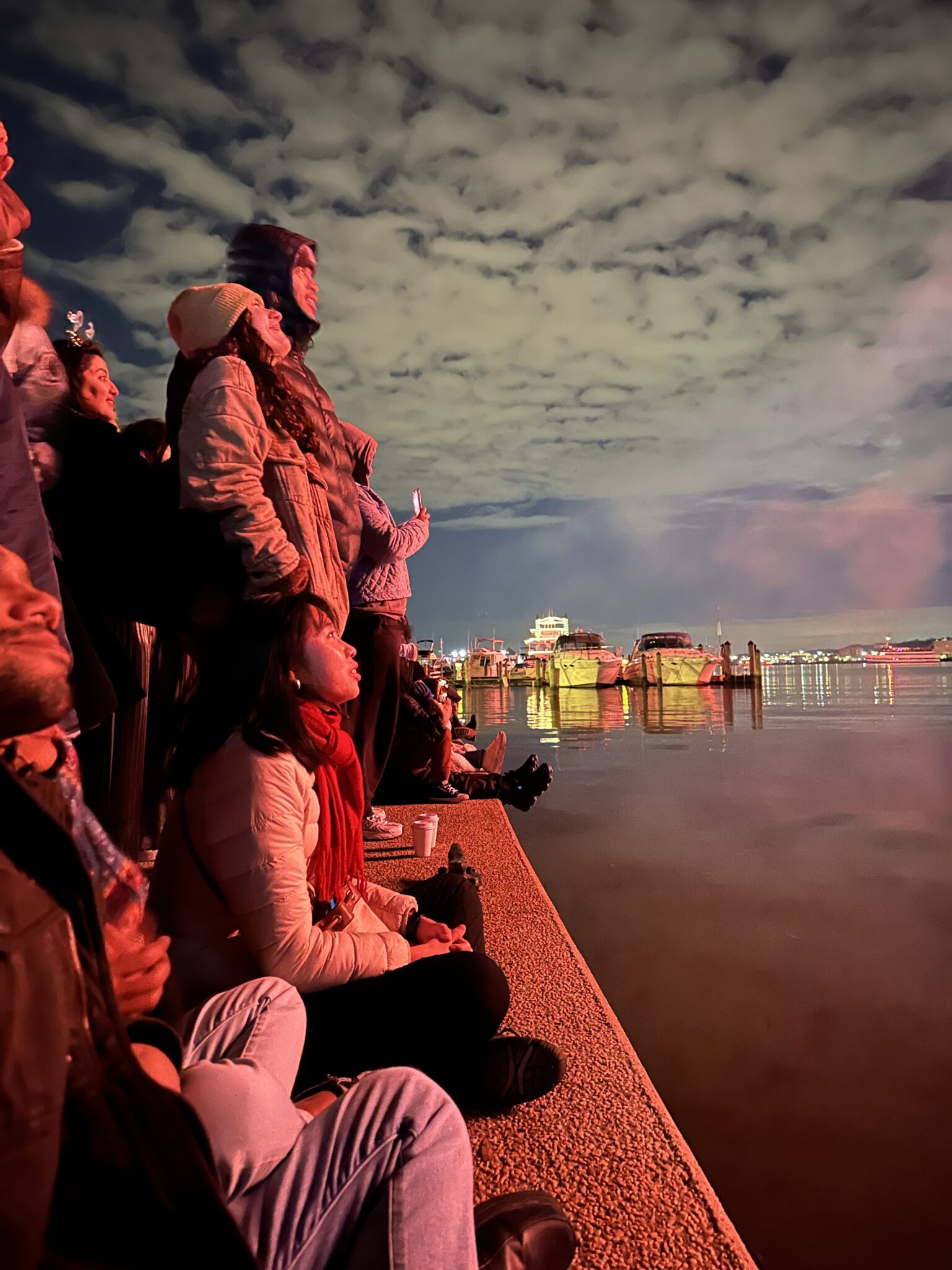 Profile of people watching fireworks with sky in background and water in foreground.