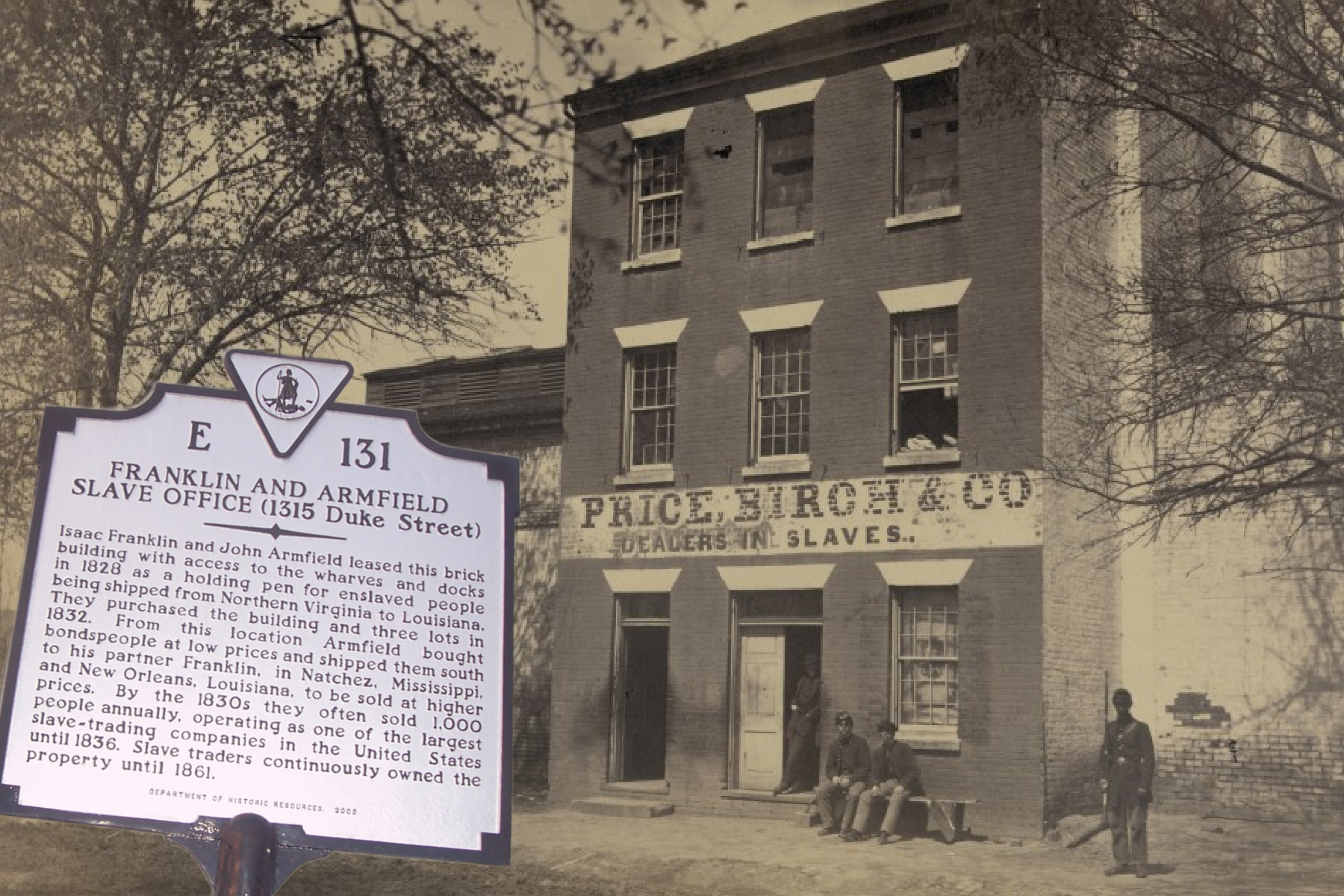 Old black and white photo of the original building where the slaves were housed before auctions