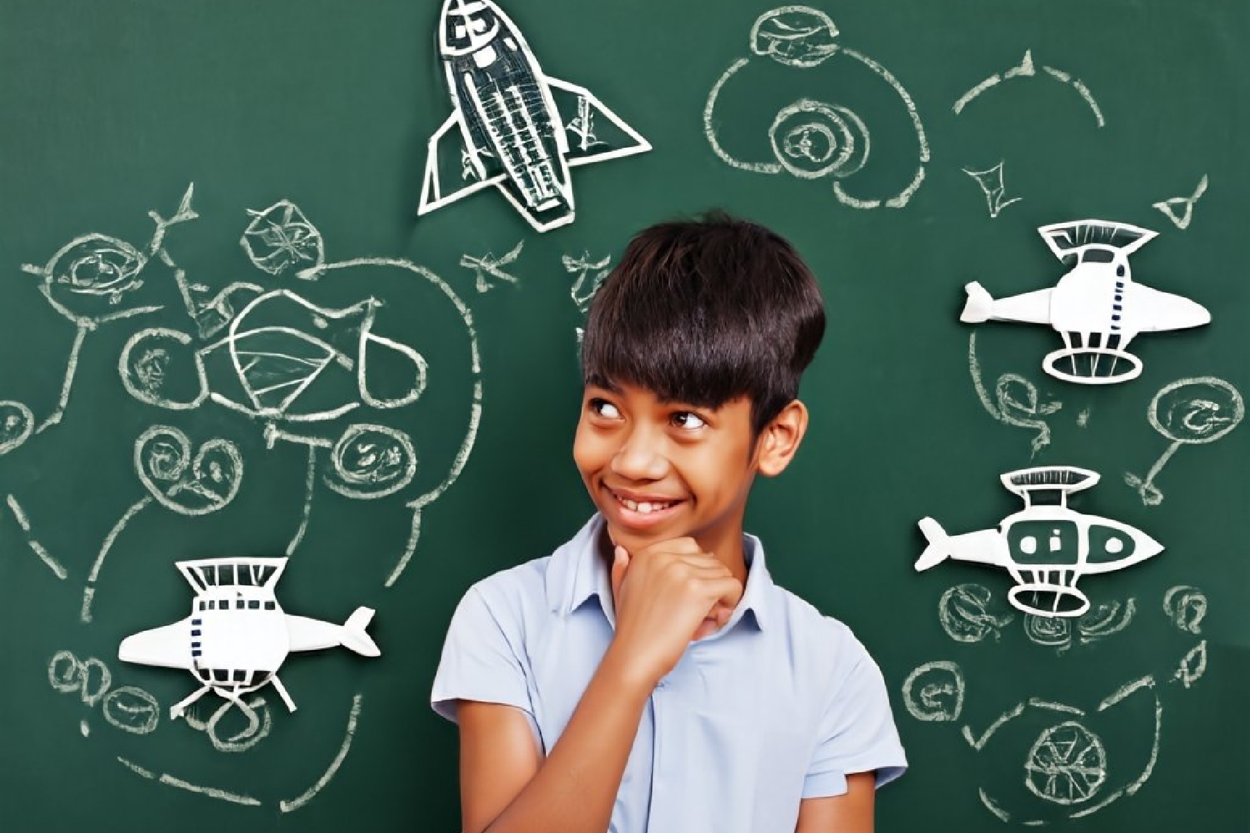 Little boy against a chalkboard with pics of various aviation machines