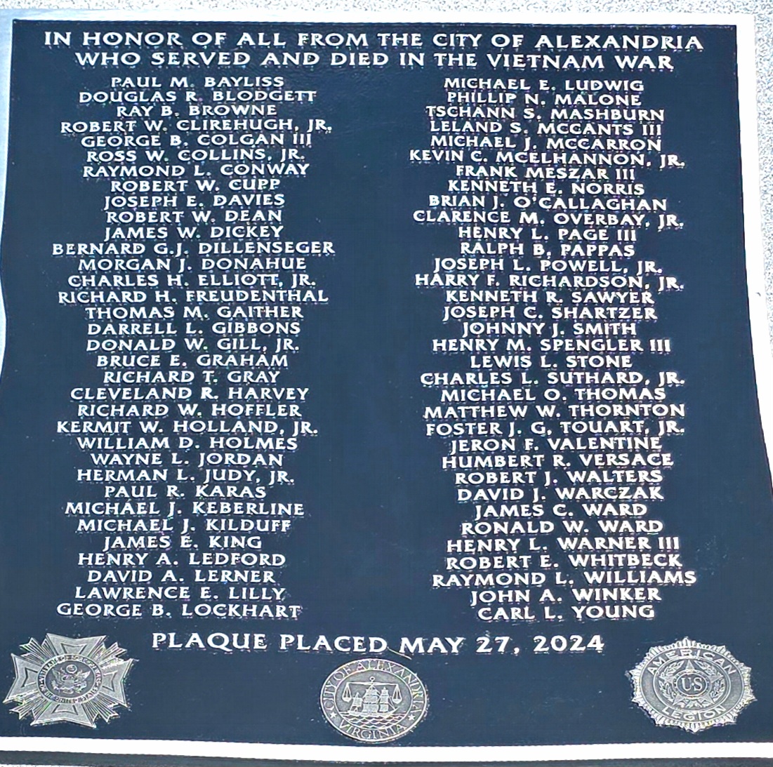 The names of the 68 soldiers Alexandria Virginia los during Vietnam War