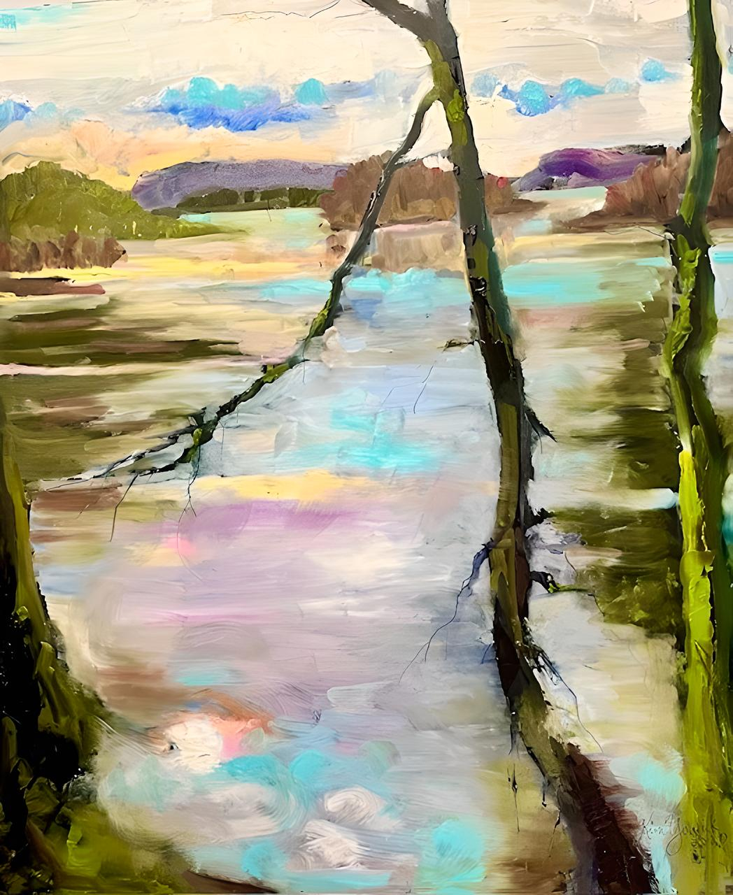 AlexandriaVA An impressionist painting of a tranquil lake scene with two leaning trees in the foreground showcases the transformative power of art. The water reflects a colorful sky with hues of blue, pink, and orange, surrounded by distant hills and greenery. THeZebraPress