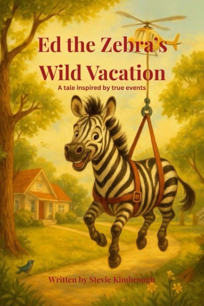 Ed the Zebra book cover Book cover of Ed the Zebra shows a cartoon Zebra in a harness hanging above a farm house and awn.
