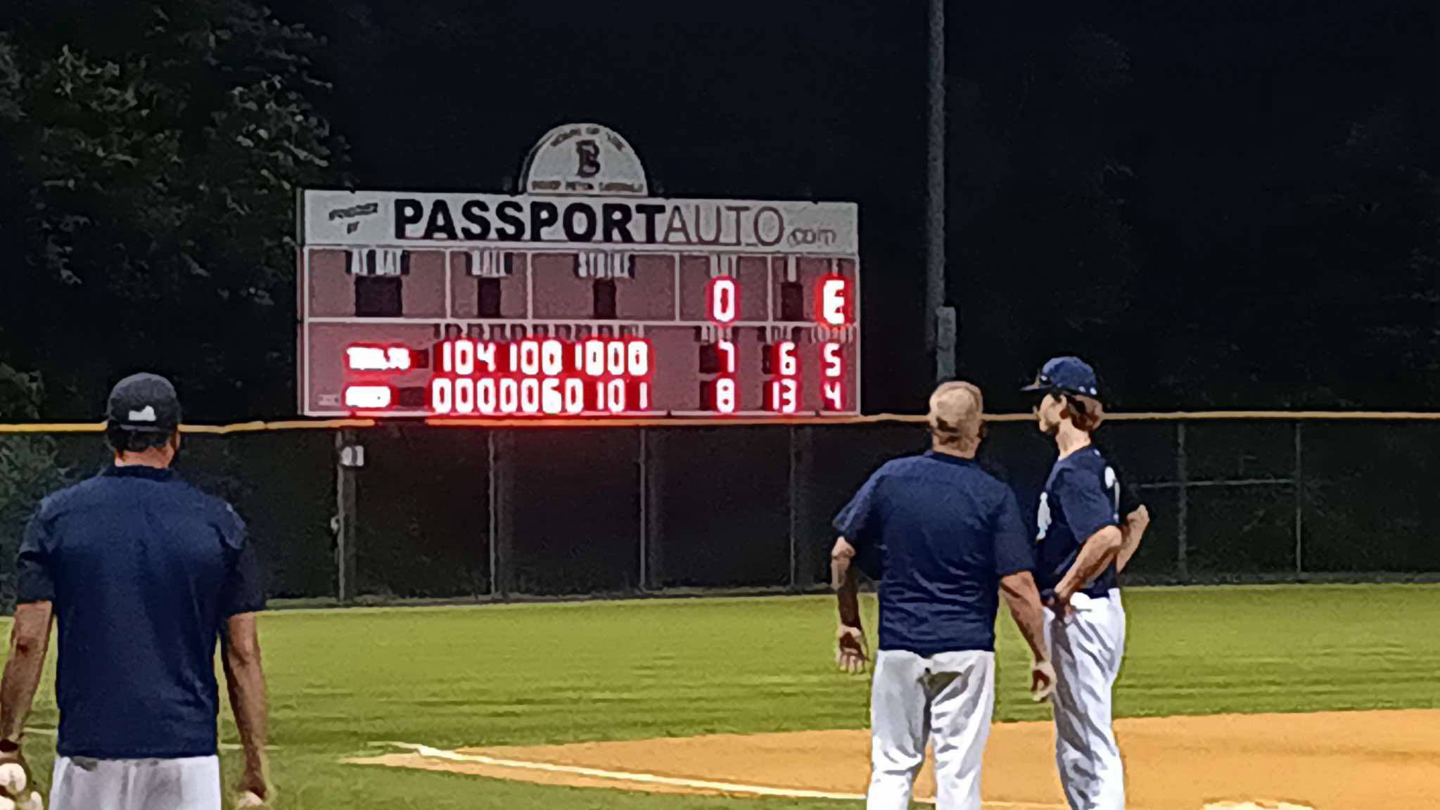 The scoreboard at the bottom of the 12th inning shows the Aces over Thunderbolts-7 at season opener. (Photo: Pat Malone) The scoreboard at the bottom of the 12th inning shows the Aces over Thunderbolts-7 at season opener. (Photo: Pat Malone)
