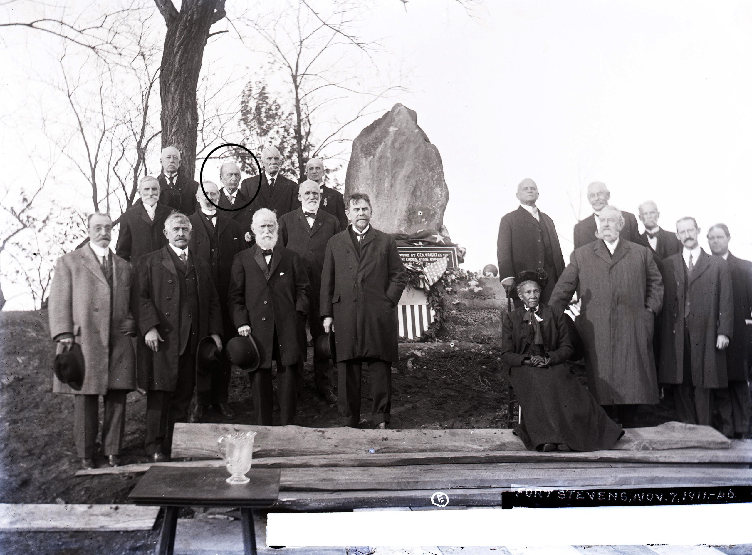 WhiteCollection3 1911 DedicationA Group photograph of the 1911 dedication of the Lincoln Memorial Boulder at Fort Stevens. Lewis Cass White is standing in the middle of the top left row. Courtesy of the Historical Society of Washington, D.C.