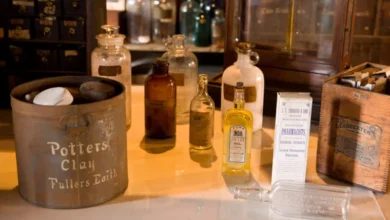 Apothecary Bottles with different labels and fluid levels on a counter.