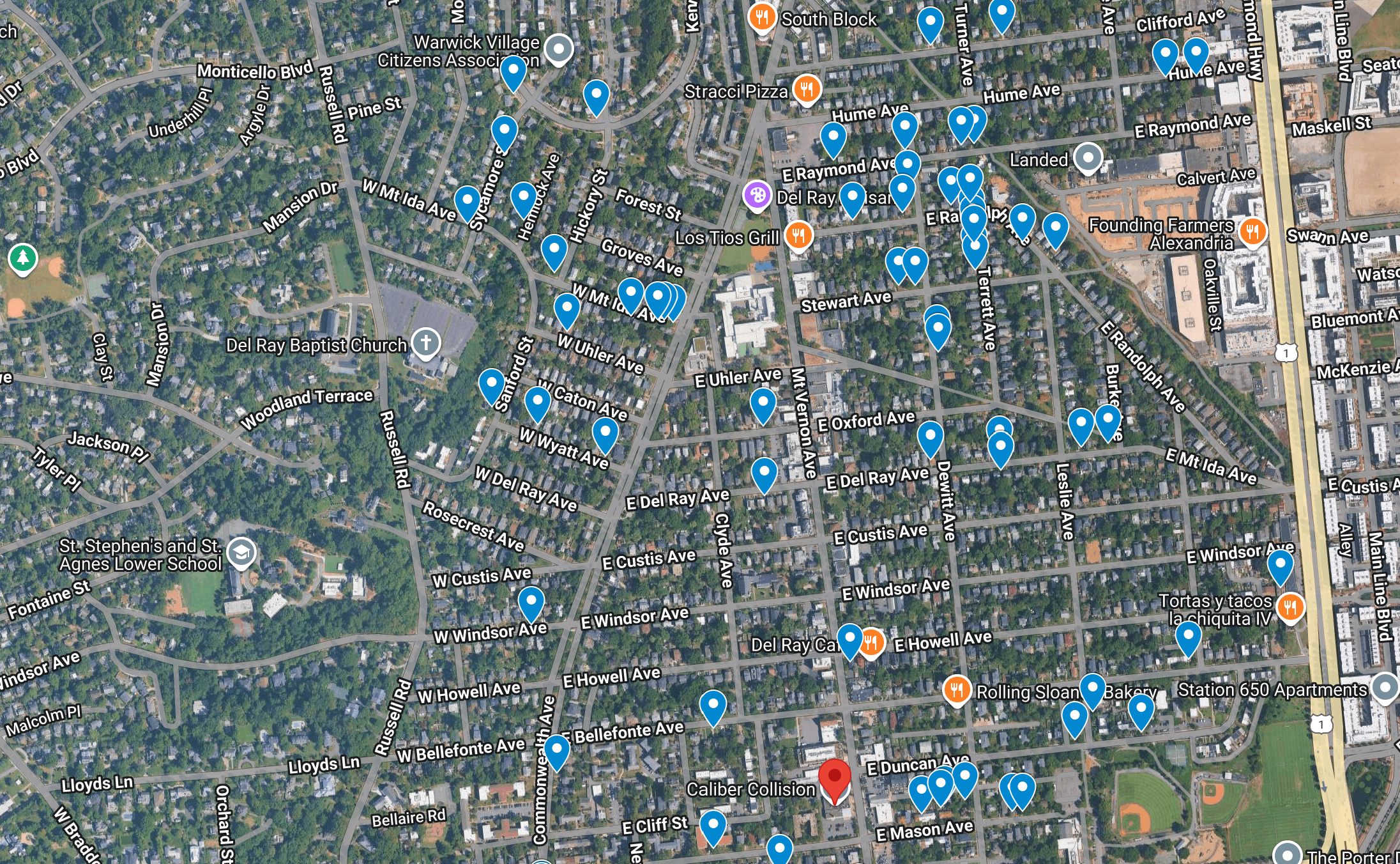 Alexandria Holiday Yard Card Map Google map pf pinned addresses with cards.