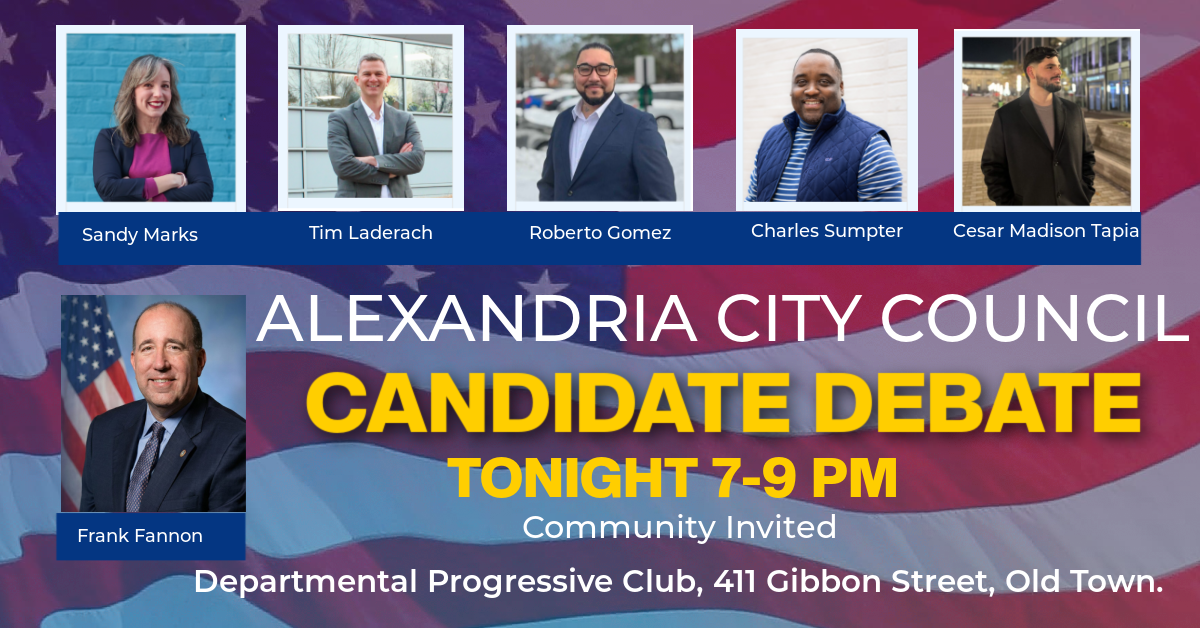 Graphic showing headshots and information for Alexandria City Council candidate debate