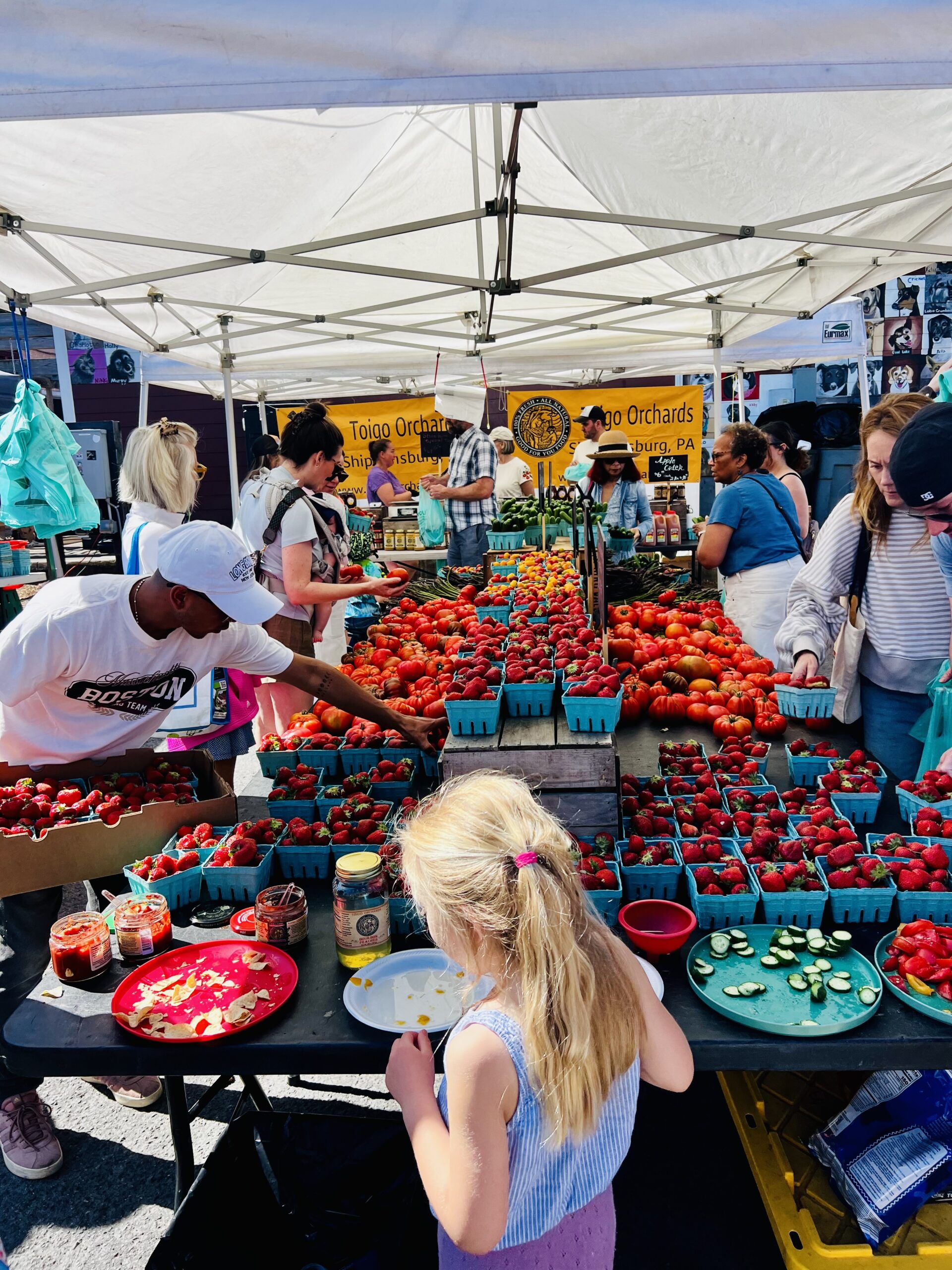 A young girl conducts a tasting session as shoppers survey the market’s produce.