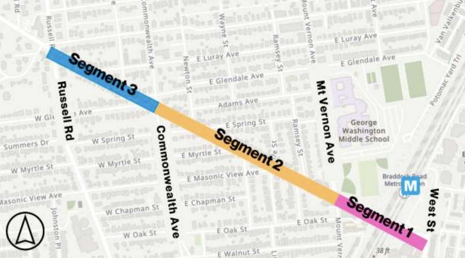 Braddock Road Bike Lane proposal map City of Alexandria planning graphic illustrating the proposed Braddock Road corridor redesign with protected bike lanes, intersection modifications, crosswalk improvements, and roadway changes along the Braddock Road corridor in Alexandria, Virginia.