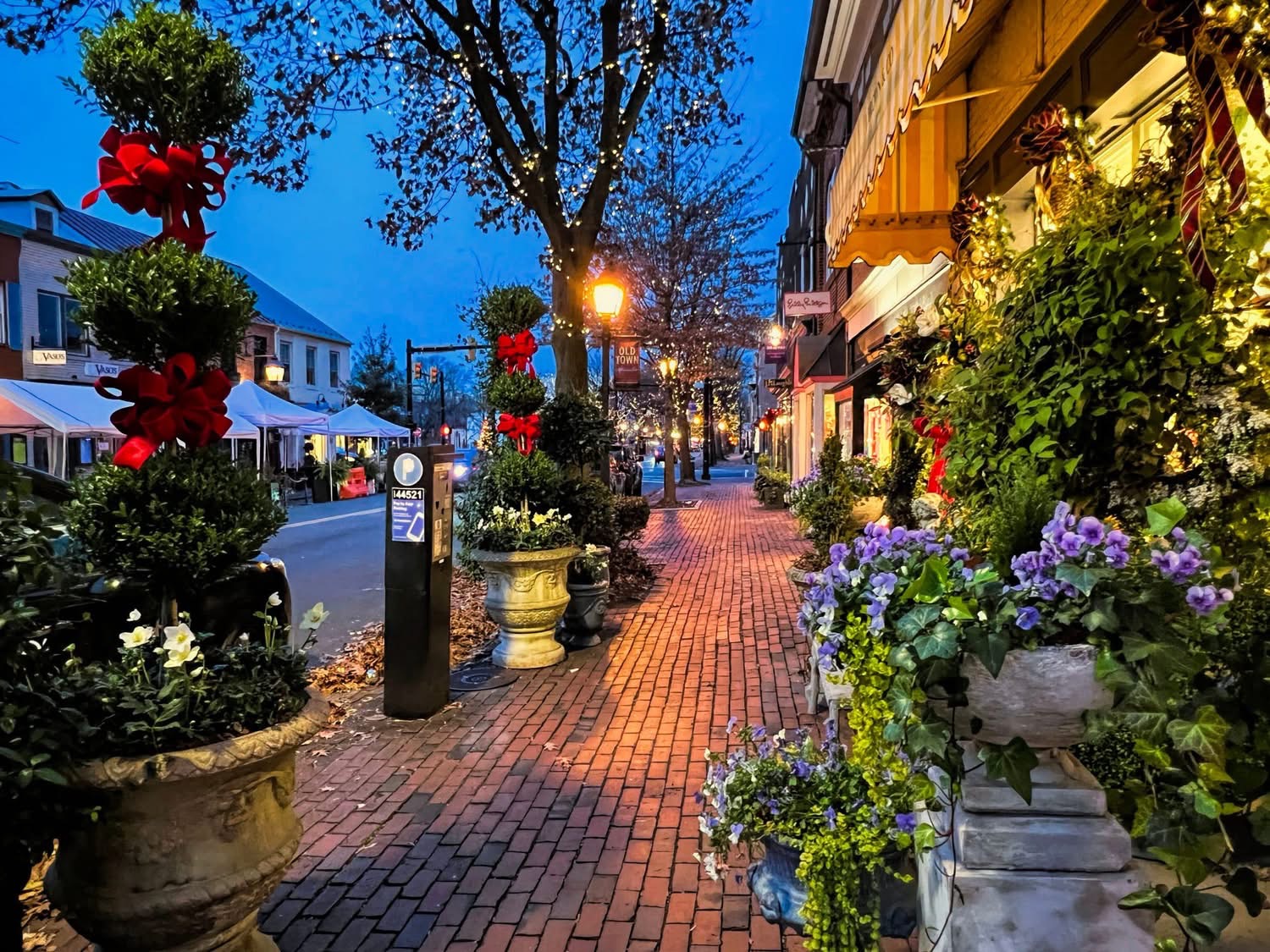 A decorated brick sidewalk in Old Town Alexandria is lined with glowing lights, holiday greenery, flowers, and storefronts at dusk. A decorated brick sidewalk in Old Town Alexandria is lined with glowing lights, holiday greenery, flowers, and storefronts at dusk.