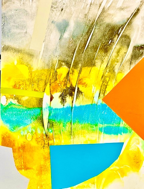 OnExhibitAugust26 02 Marsha Staiger’s The Earth Is Flat and Kathleen Callery’s Yellow and Orange Daffodil with an Azalea perfectly complement one another. Meet these artists at Nepenthe’s 8/20 AWC. Photo Nepenthe Gallery