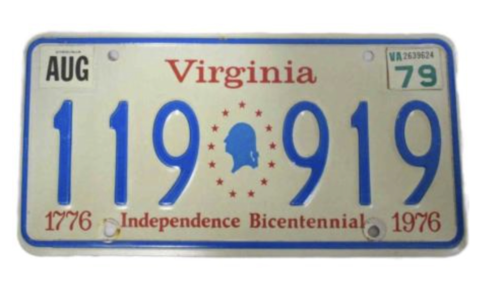 bicentennial license plate U.S. Bicentennial Virginia License Plate, ca. 1976, courtesy of The Alexandria History Museum at The Lyceum Collection, Gift of Raymond A. Gallagher.