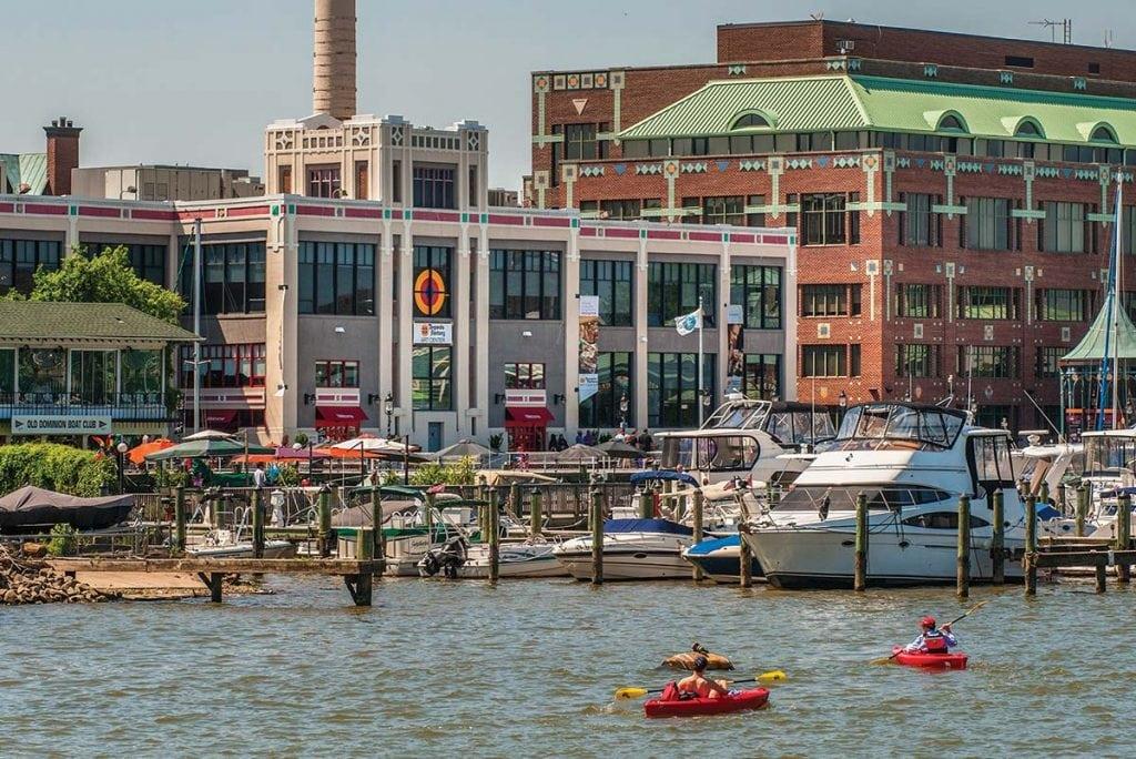 Kayakers paddle on the Potomac River along Alexandria's waterfront, where a new online dashboard helps residents monitor river conditions before boating, fishing or paddling.