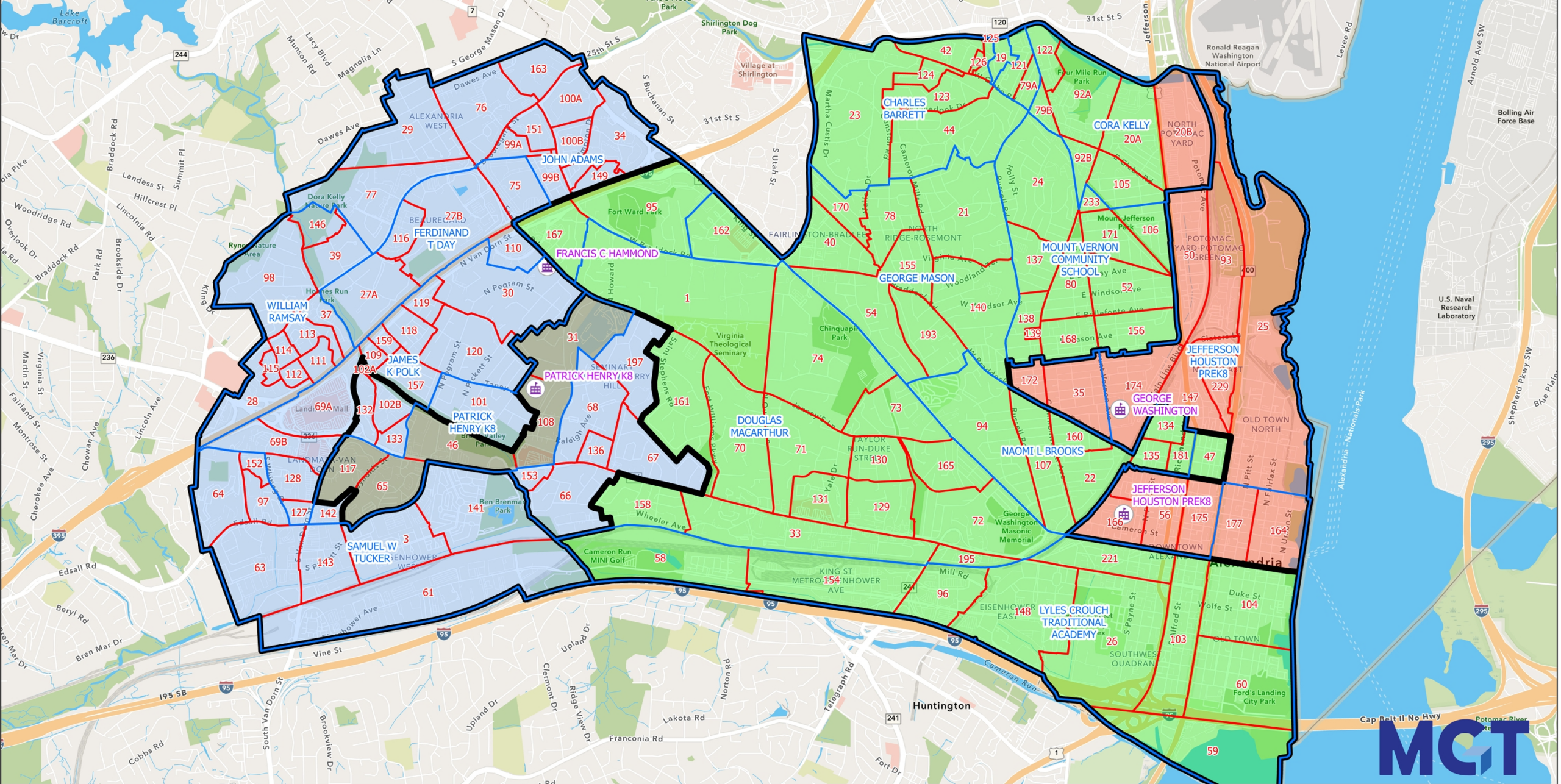 Alexandria Middle School Redistricting Map — Option E Color-coded map of Alexandria showing the new middle school attendance boundaries under Middle School Option E, with individual planning blocks outlined and numbered.