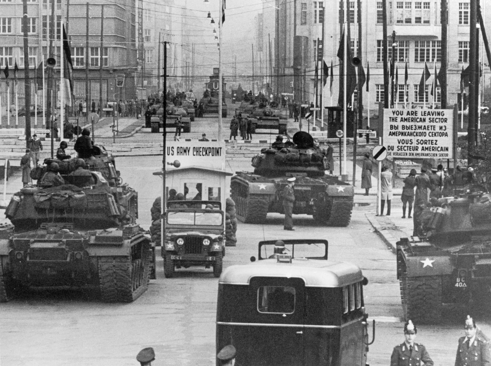Checkpoint Charlie during the Berlin Crisis, October 22, 1961. Checkpoint Charlie was in the southernmost sector during the Cold War. France occupied the northern sector (Alpha), the United Kingdom (Bravo) the center sector, and the U.S. the southern sector of West Berlin. The Soviet Union occupied the entire Eastern sector. Photo: History Through Images