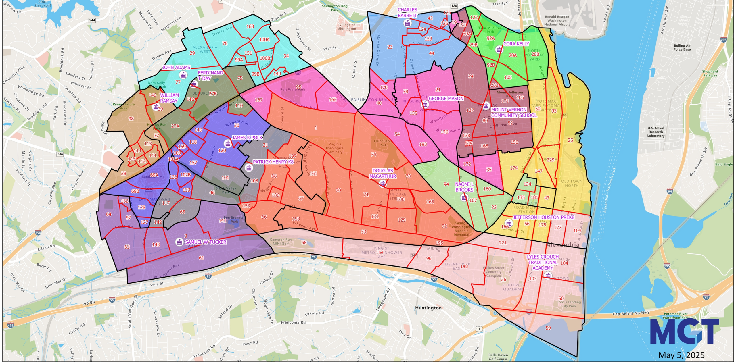 lexandria Elementary School Redistricting Map — Triangle Plan 3 Color-coded map of Alexandria showing the elementary school attendance boundaries adopted under Triangle Map Plan 3, with individual planning blocks outlined in red.