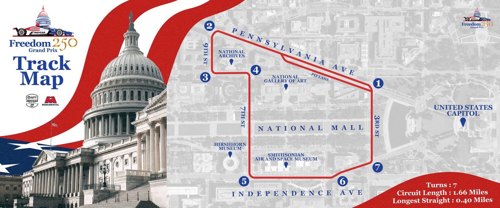 CourseMapDC 1.7-mile track map layout for the Freedom 250 Grand Prix on the National Mall. Image provided by IndyCar