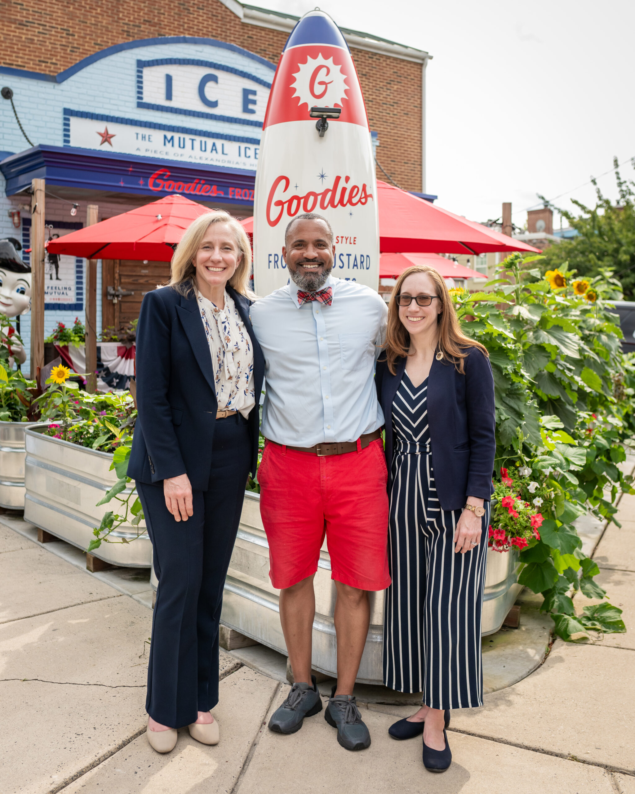 Gov. Spanberger, Brandon Byrd and Sen. Elizabeth Bennett-Parker at Goodies Virginia Gov. Abigail Spanberger, Goodies owner Brandon Byrd and Virginia Sen. Elizabeth Bennett-Parker pose together outside Goodies Frozen Custard & Treats in Alexandria.