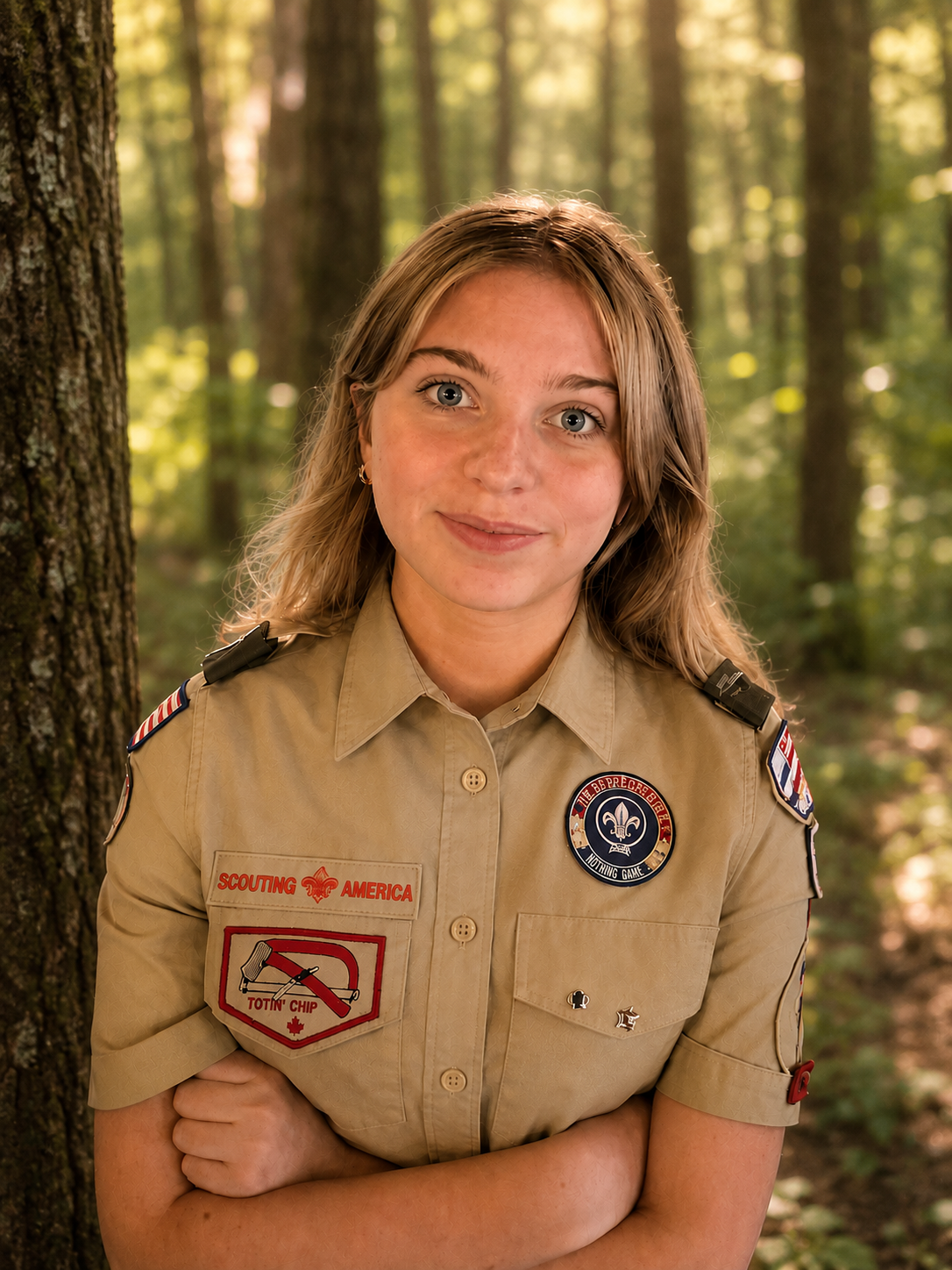 Alexandria Scout Charlotte Barnes Charlotte Barnes, 17, stands outdoors in her Scouting America uniform beside a tree.