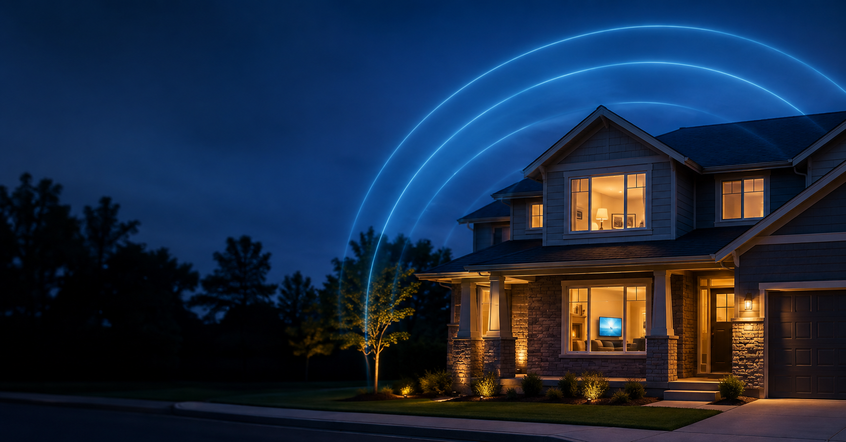 Xfinity Shield Home Protection Illustration A warmly lit home at dusk surrounded by glowing blue WiFi arcs representing Xfinity Shield’s connected-home protection features.