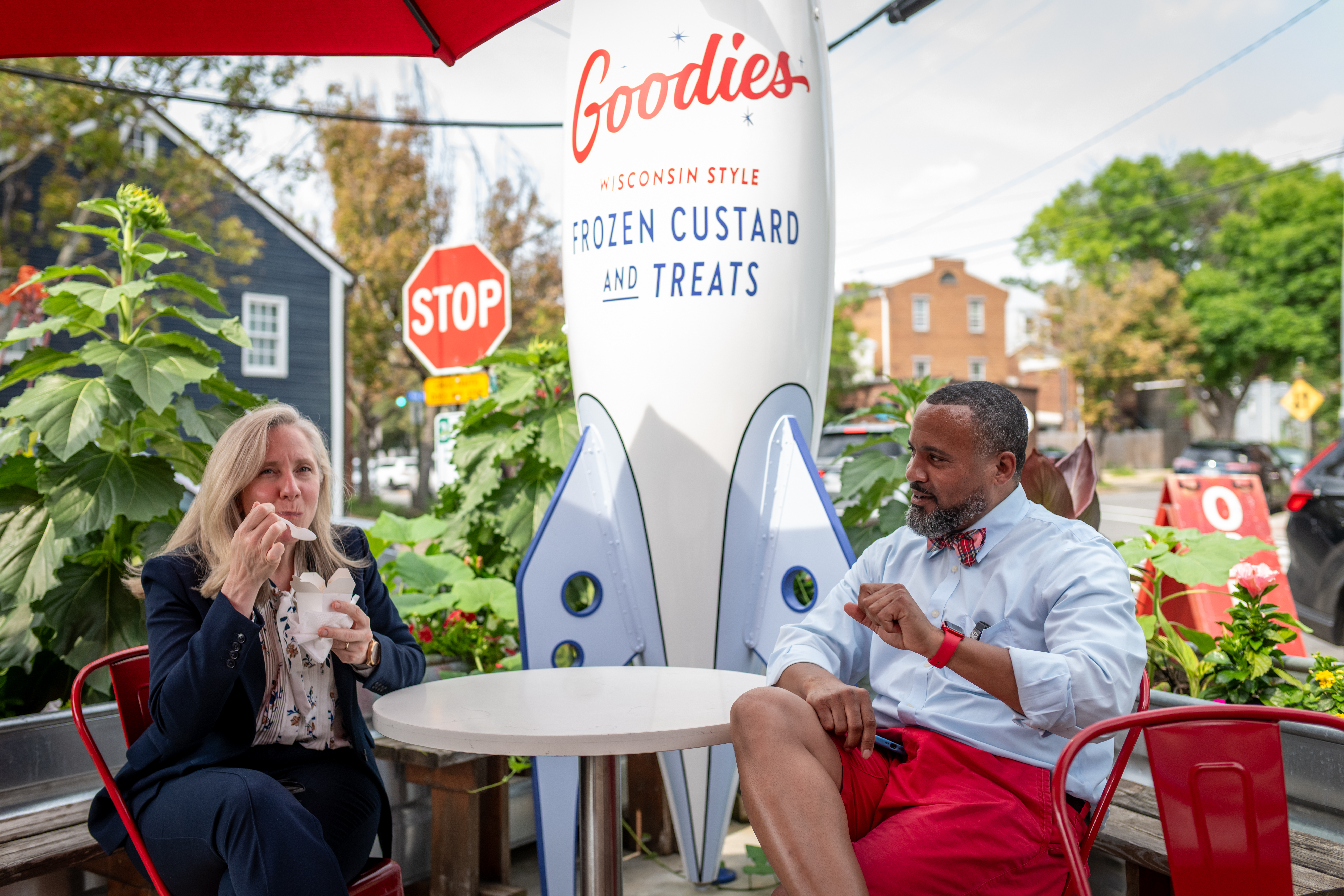 Gov. Spanberger Samples Goodies Frozen Custard in Old Town Alexandria Virginia Gov. Abigail Spanberger tastes frozen custard as Goodies owner Brandon Byrd looks on during her visit to the Alexandria shop.