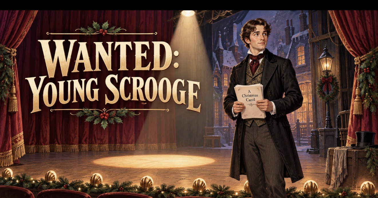 Illustrated young actor dressed in Victorian clothing for a Young Scrooge casting call