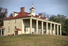 George Washington’s Mount Vernon mansion with its long columned porch and red roof