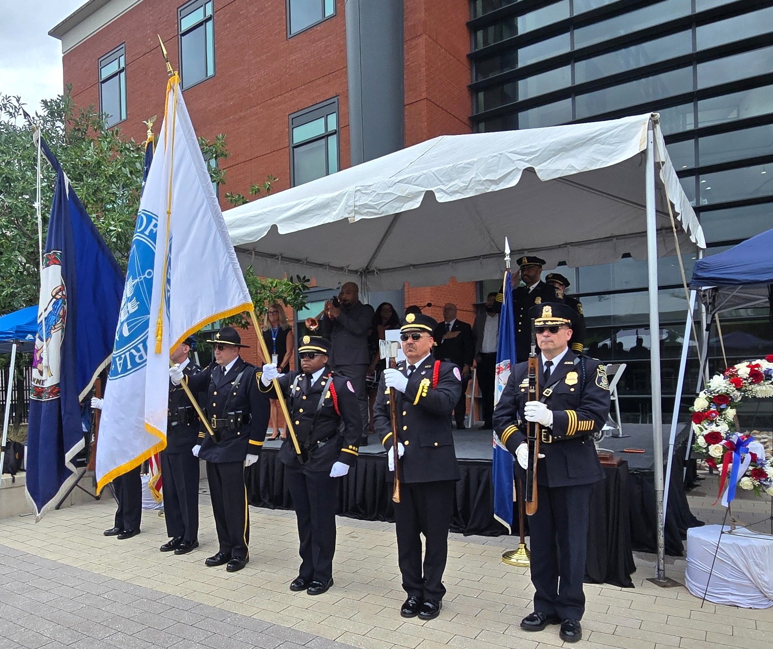 Alexandria’s Joint Public Safety Honor Guard presents the colors outside Alexandria Police Headquarters during the September 11 Remembrance Ceremony.