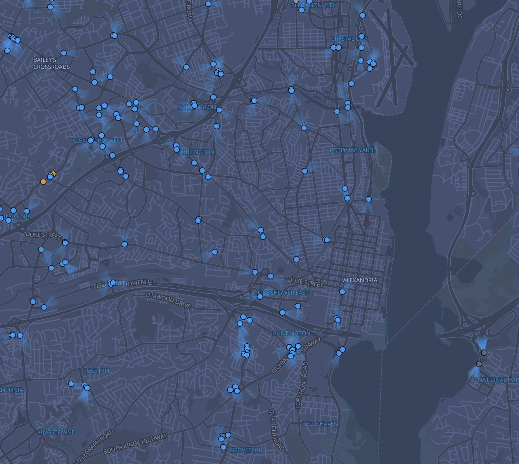 Finding Flock map showing reported automated license plate readers across Alexandria