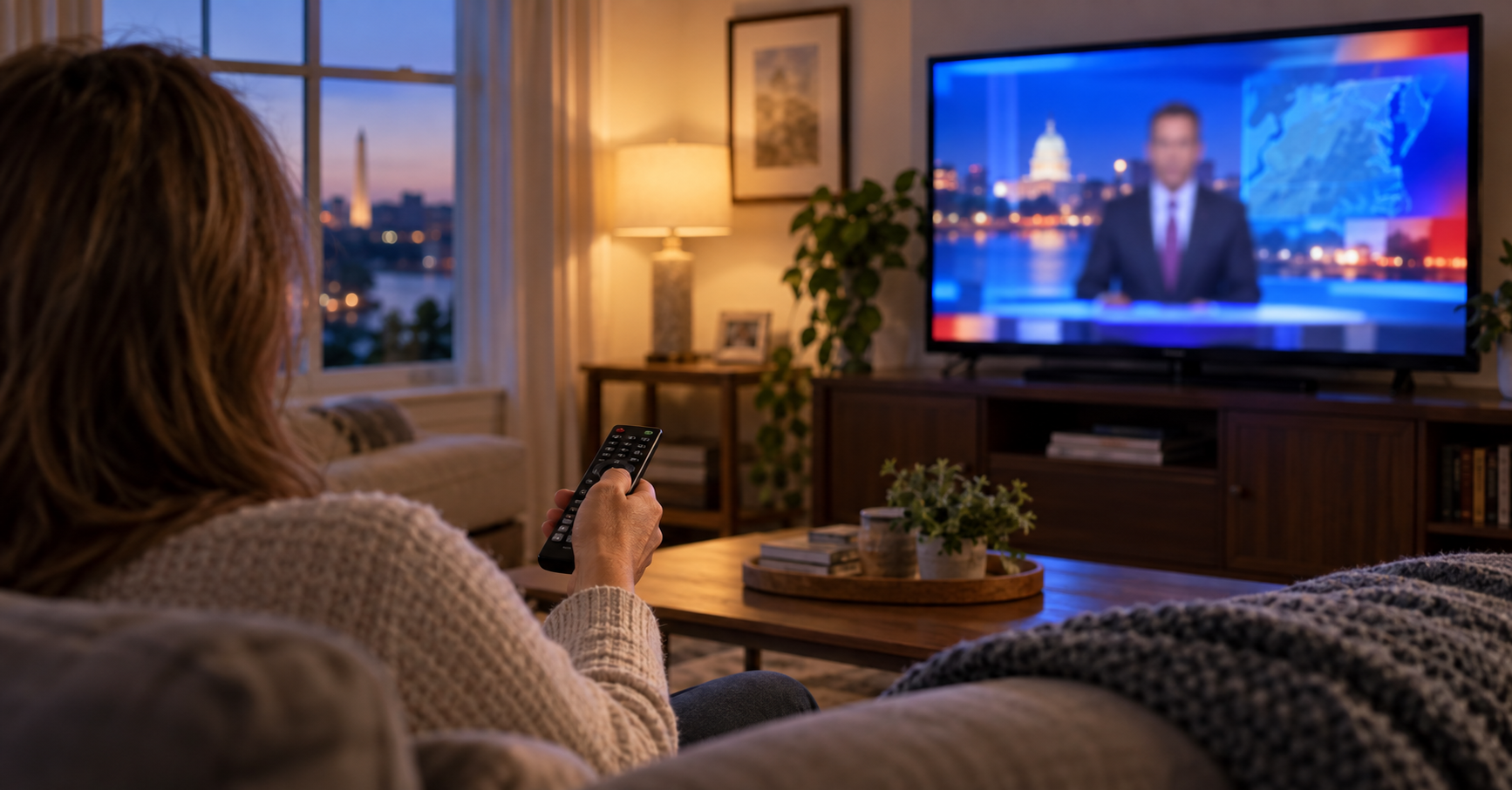 Lady watching tv newscaster with US Capitol in background on his  broadcast.
