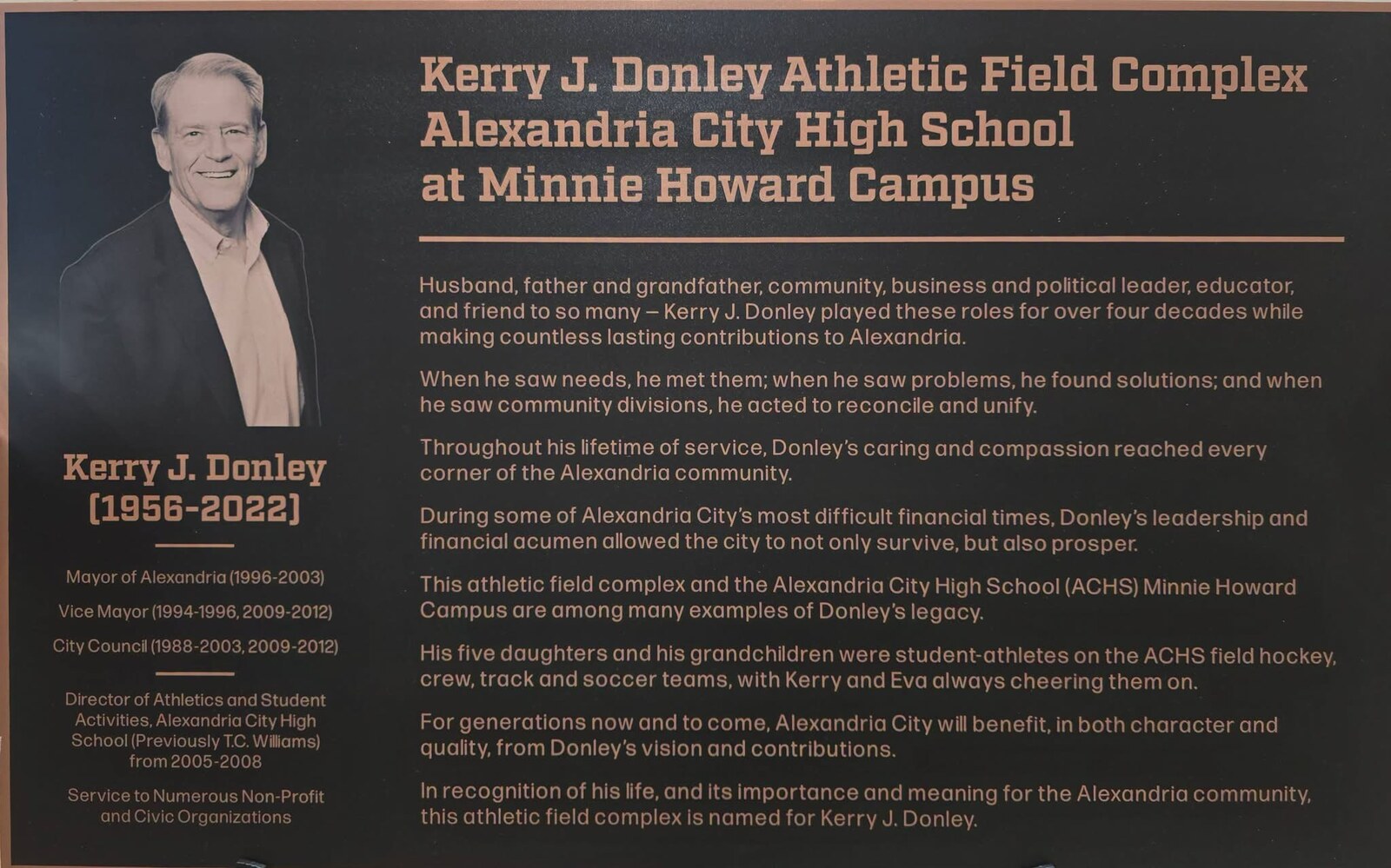 The commemorative plaque honoring Kerry J. Donley at the Alexandria City High School Minnie Howard Campus athletic field complex.