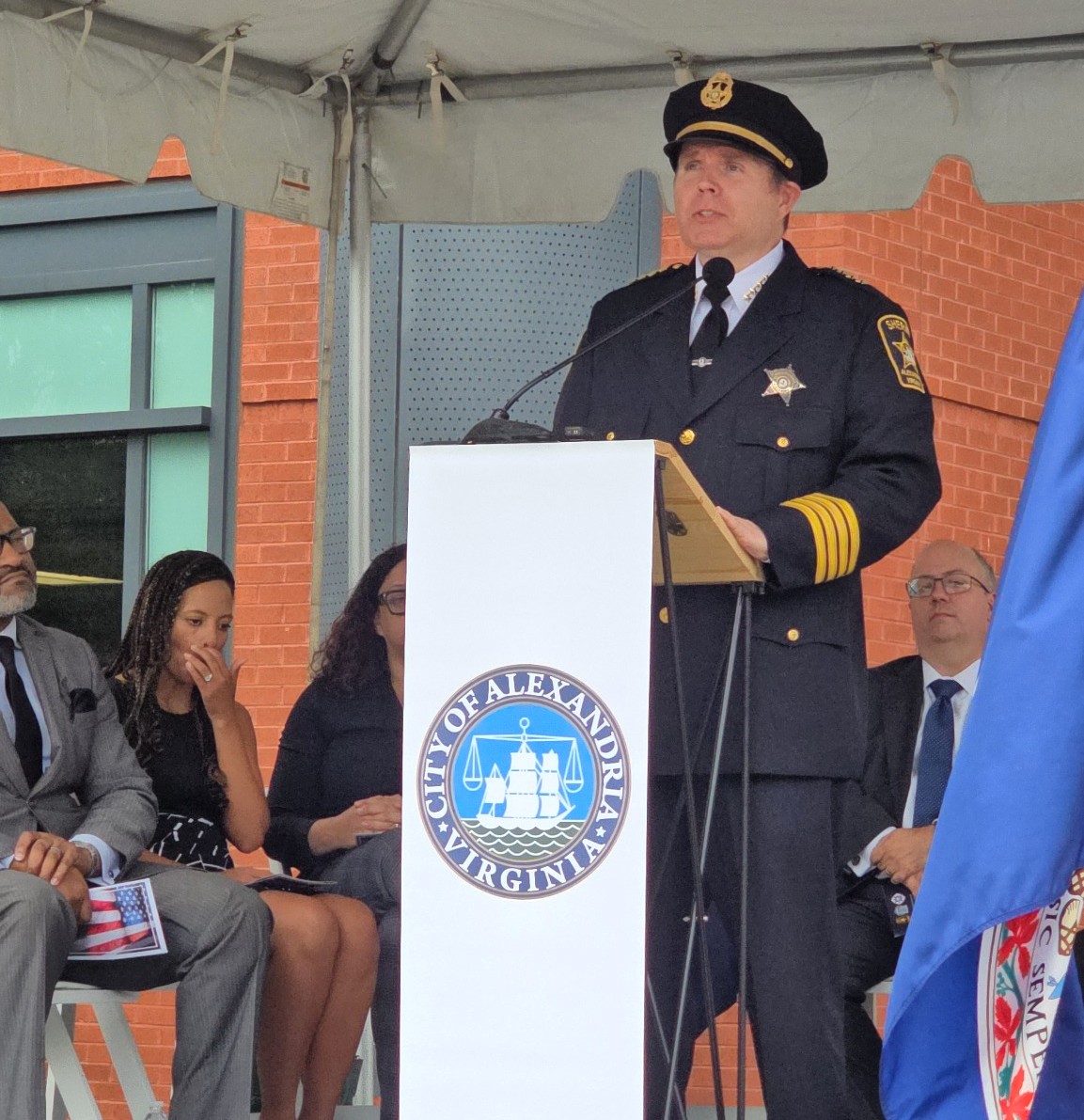 Alexandria Sheriff Sean Casey speaks from the podium during the City’s September 11 Remembrance Ceremony outside Police Headquarters.