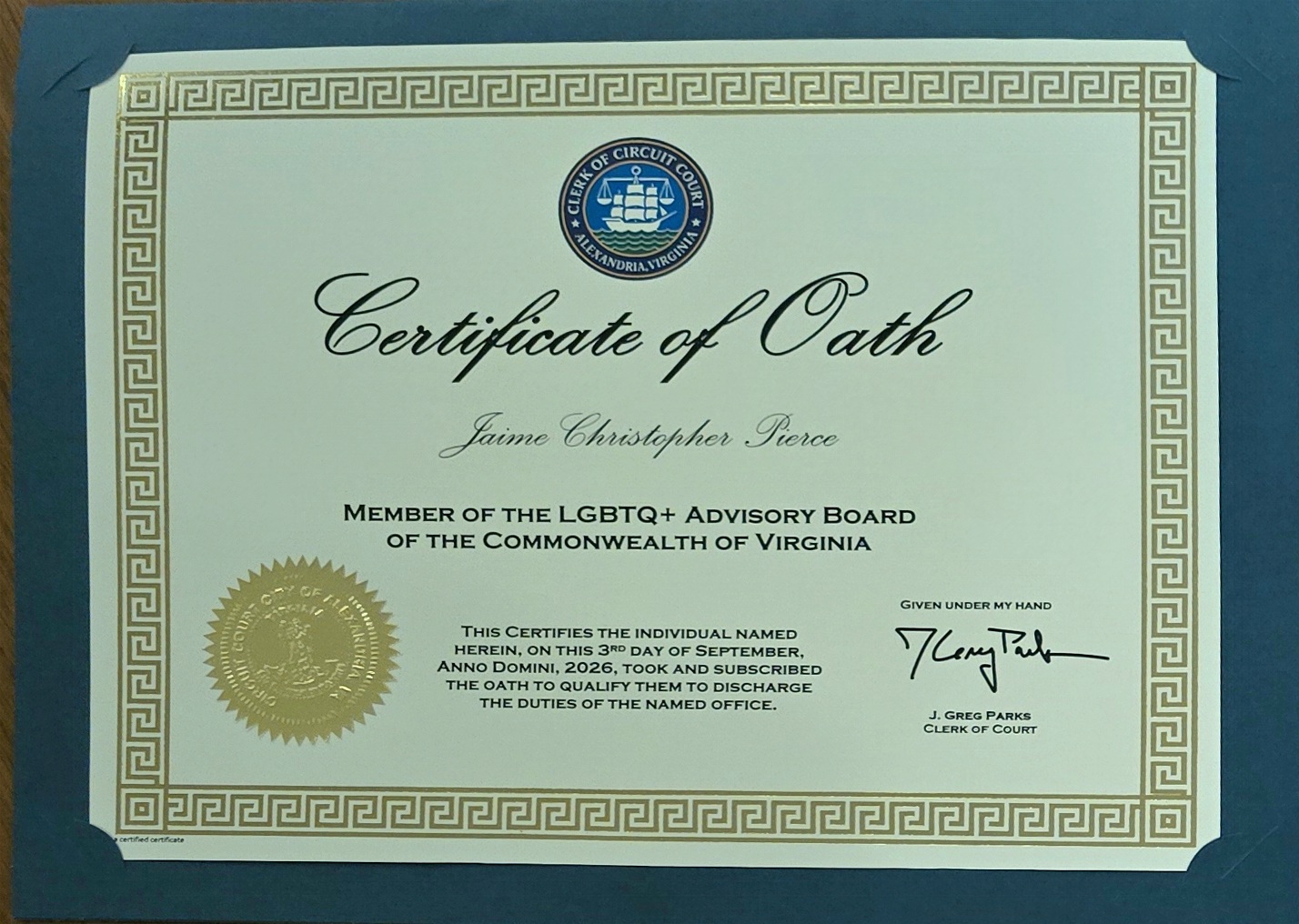 Certificate of oath appointing Jaime Christopher Pierce to Virginia’s LGBTQ+ Advisory Board