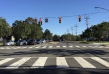 Crosswalks, traffic signals and vehicles on Seminary Road near Kenmore Avenue in Alexandria, shown in a 2019 file photo.