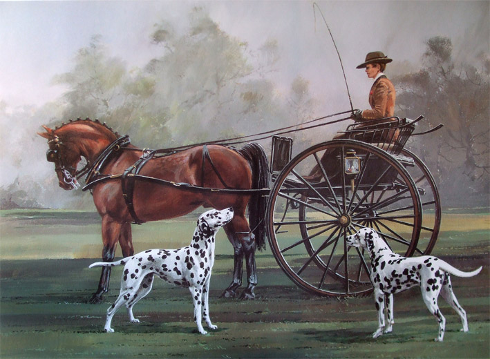 Painting of two Dalmatians beside a brown horse harnessed to a carriage with a seated driver.