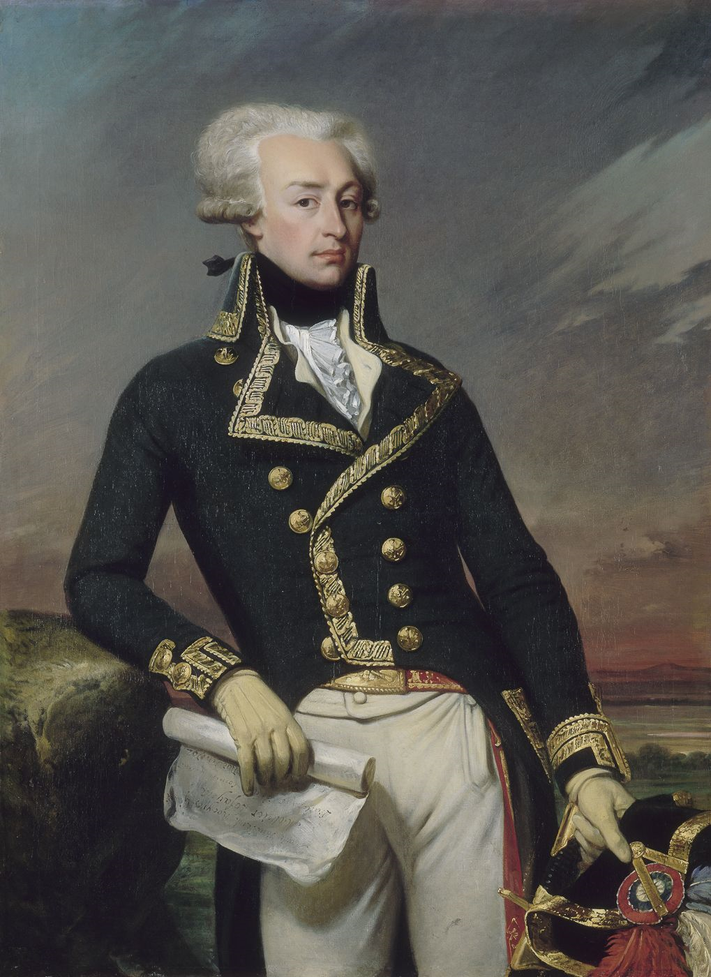 Portrait of the Marquis de Lafayette wearing a dark military coat with gold trim and holding a document.