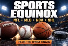 Sports Equinox graphic with a football, baseball, basketball, hockey stick and puck beneath stadium lights; NFL, MLB, NBA, NHL, plus the WNBA Finals.