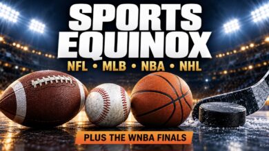Sports Equinox graphic with a football, baseball, basketball, hockey stick and puck beneath stadium lights; NFL, MLB, NBA, NHL, plus the WNBA Finals.