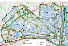 Alexandria Police Department map showing fixed license plate reader camera locations, streets and police beat boundaries.