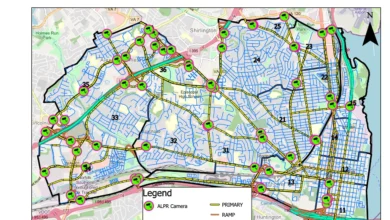 Alexandria Police Department map showing fixed license plate reader camera locations, streets and police beat boundaries.