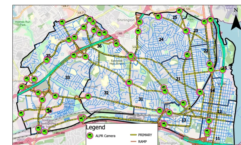 Alexandria Police Department map showing fixed license plate reader camera locations, streets and police beat boundaries.