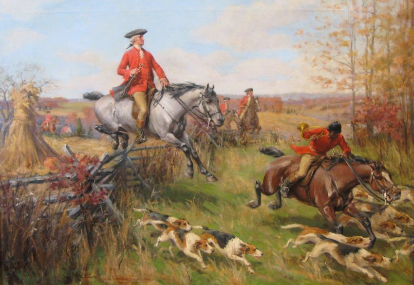 Painting of George Washington on a white horse jumping an obstacle during a mounted hunt, with other riders and a pack of hounds.