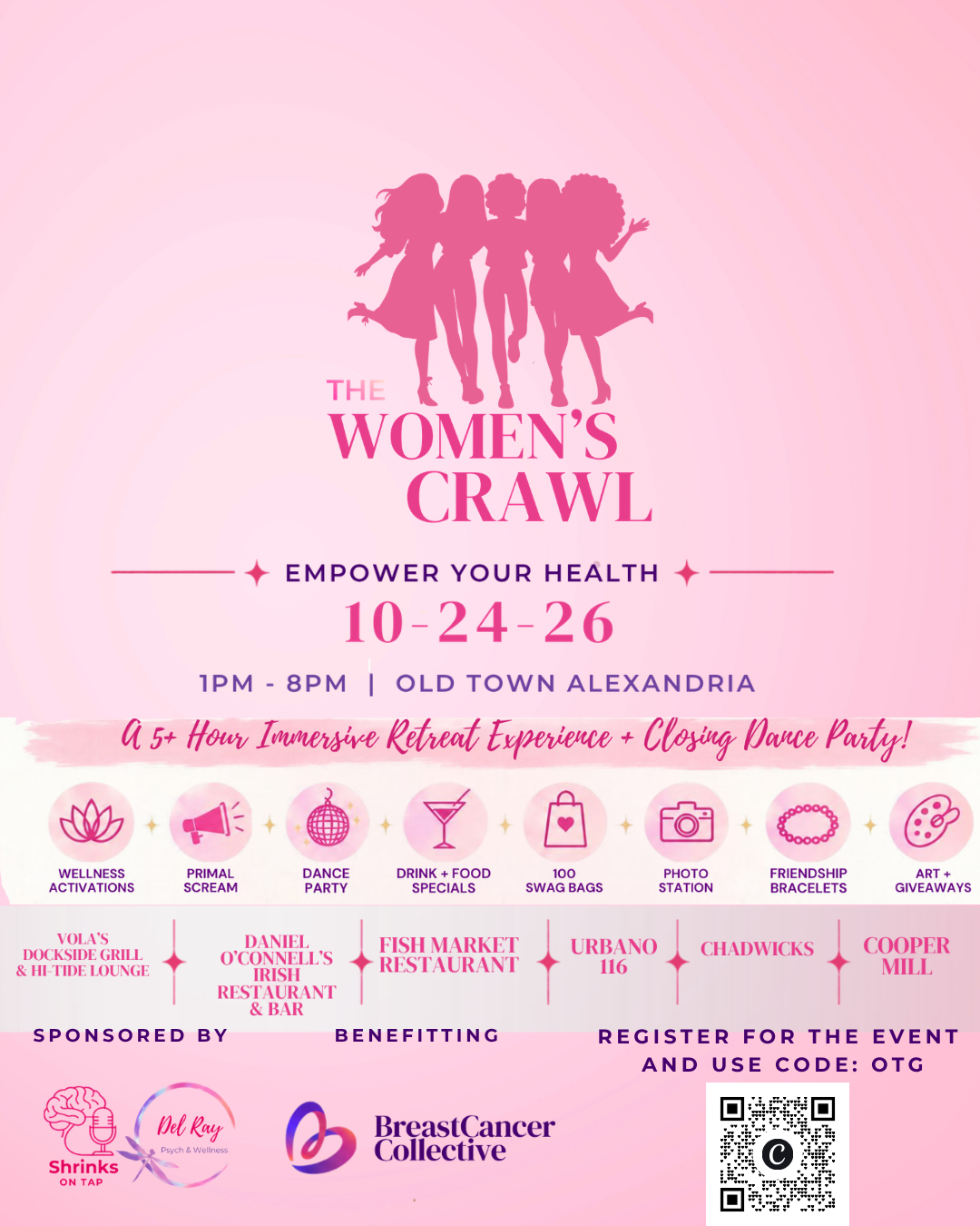 Flyer for the Women’s Crawl in Old Town Alexandria on October 24, 2026, from 1 to 8 p.m., benefiting Breast Cancer Collective.