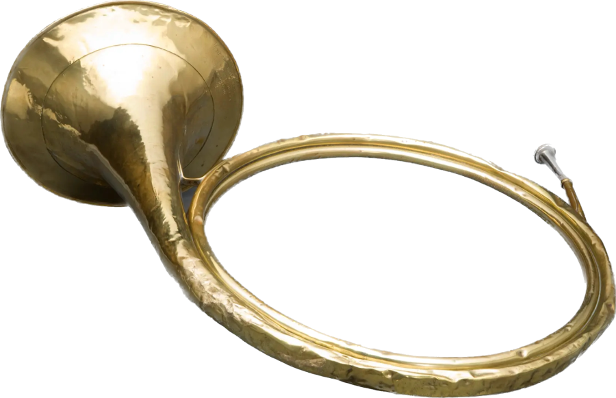 George Washington’s brass-and-silver hunting horn, with a circular tube and flared bell.