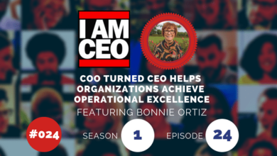 Podcast cover featuring "I AM CEO" with the title "COO Turned CEO Helps Organizations Achieve Operational Excellence" and an image of Bonnie Ortiz. Episode 24, Season 1, number 024 is highlighted.