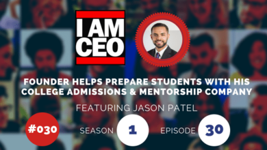 Podcast cover art titled "I Am CEO" featuring Jason Patel. The text highlights that the founder assists students with college admissions and mentorship. Season 1, Episode 30.