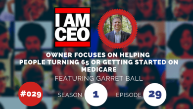 Podcast episode cover titled "I Am CEO" featuring Garret Ball. The episode focuses on helping people turning 65 or getting started on Medicare. It is season 1, episode 29.