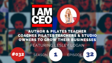 Image promoting a podcast episode featuring Lesley Logan, an author and Pilates teacher, aimed at coaching Pilates teachers and studio owners on business growth. Episode 32 of Season 1.