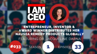 Image with text: "I AM CEO" logo, photo of a woman, and a description: "Entrepreneur, inventor & award winner distributes her nausea remedy products globally featuring Dr. Jacqueline Darna, #033, Season 1, Episode 33.